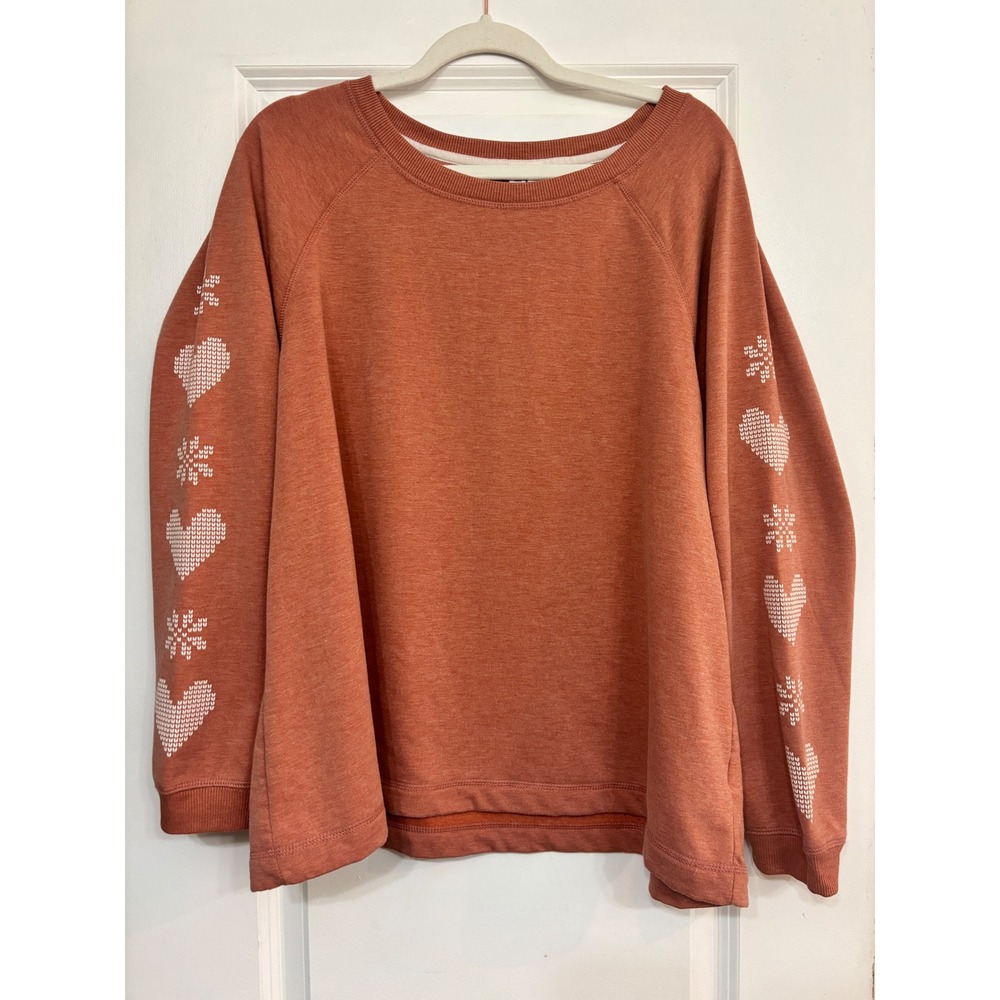 Joyspun Womens XL Orange Heart Snowflake Graphic Sleeve Raglan Sweatshirt